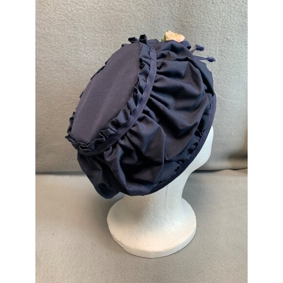 Handmade Navy Blue Ruffled Vintage Hat with Floral Accent by Pauline Boyer 21" - Picture 2 of 9